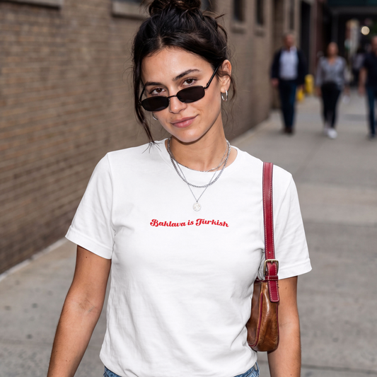 "Baklava is Turkish" Women's Minimalist Cropped Tee
